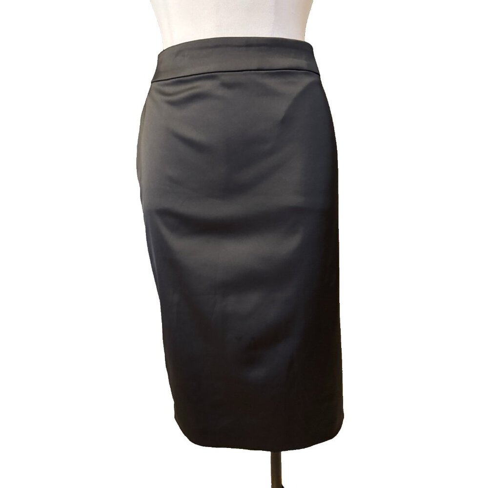 Tadashi Shoji Skirt 12 Shiny Satin Black Pencil Knee Length Stretch Classic